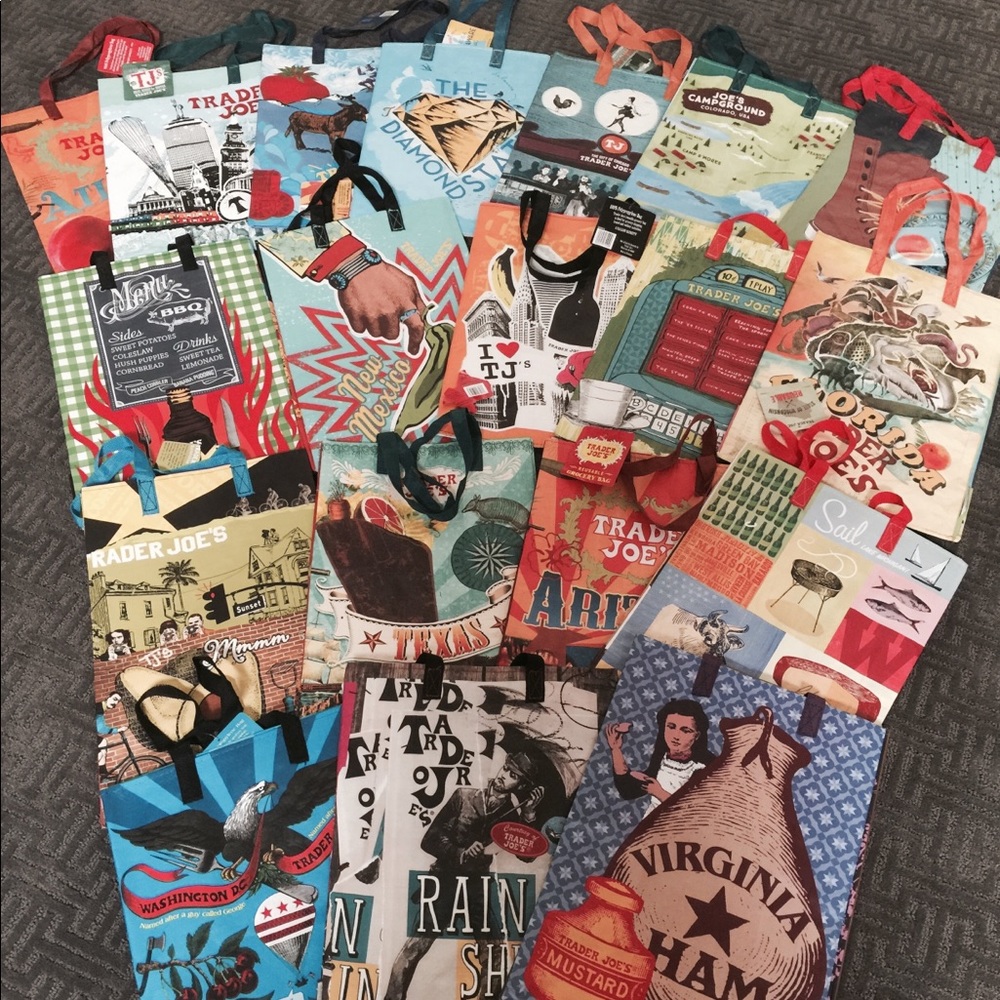 5 NWT Random Trader Joe's Regional Shopping Gift bags/Totes “Reduced to Sale”